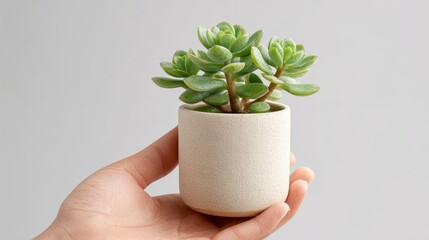 Green plant in a pot held gently in a hand