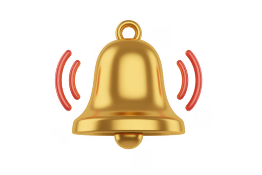 Golden bell ringing with red sound waves isolated on a transparent background