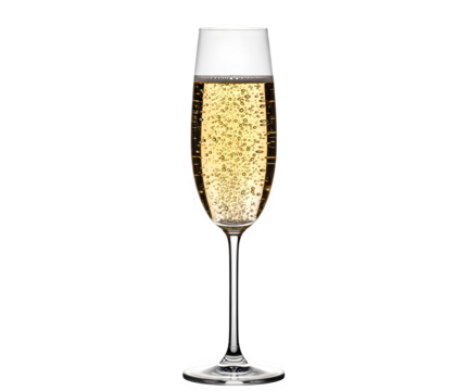 Champagne Glass with Bubbles. Half-Filled Flute Isolated on Transparent Background (PNG). Crisp and Professional Toast Celebration Drink.