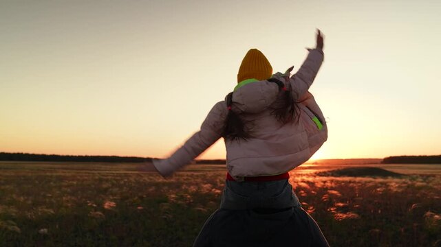 little girl daughter child riding her father sunset park, playing airplane pilot sunset, father daughter child, daddy kid girl, dream flying, happy family child, kid riding dad playing airplane