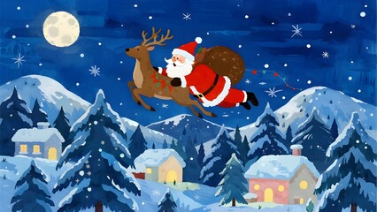 Santa claus flying with reindeer over snowy village at night