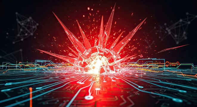 Explosive Red Crystal Formation on Futuristic Circuit Board.
