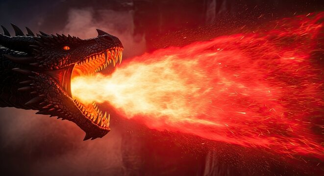 Fierce Dragon Breathing Intense Fire and Flames in a Dark Fantasy Setting. - Powered by Adobe