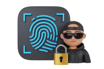 3 D cartoon hacker character with fingerprint scan and padlock isolated on a transparent background 1