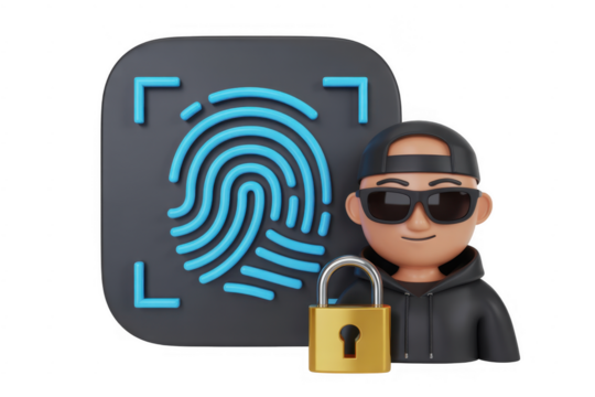 3 D cartoon hacker character with fingerprint scan and padlock isolated on a transparent background 1
