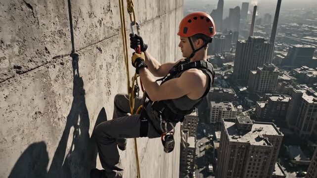 A man rappels down a concrete building, enjoying the urban cityscape view.