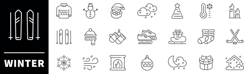 Winter cozy celebration cold weather vector outline icon set. Warm and festive elements