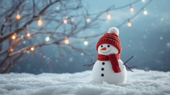 Charming snowman wearing a red hat and scarf in a snowy winter scene with lights