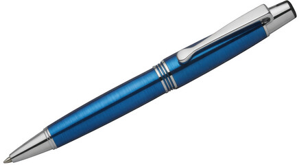 Blue brushed metal ballpoint pen with silver accents isolated on a transparent background