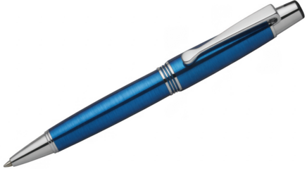 Blue brushed metal ballpoint pen with silver accents isolated on a transparent background