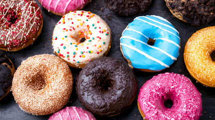Assortment of colorful donuts on a dark background top view