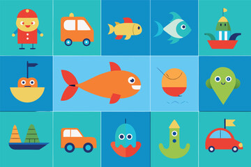 Naklejka premium 30 fun cartoon fish with vehicles vector icons scalable illustration for children's projects