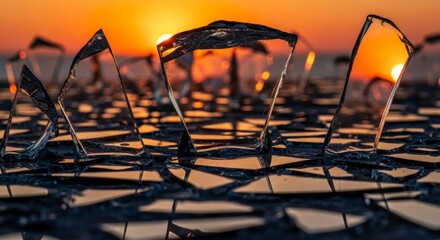 Pieces of shattered glass reflecting sunset colors with fractured surfaces, a concept image.
