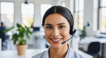 Smiling Female Customer Support Agent with Headset. friendly female customer support agent wearing a headset with microphone. Represents customer service, call center, support, communication, business