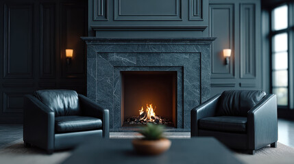Modern living room with black leather armchair and elegant dark marble fireplace glowing with warm firelight