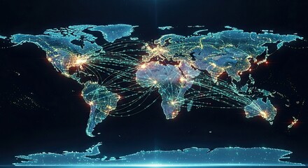 Global Network Connections Illuminated World Map Digital Art.