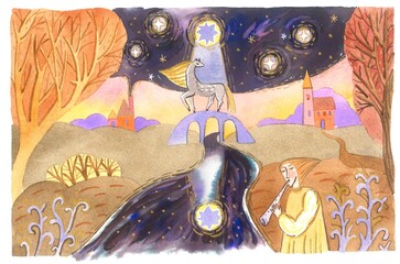 Watercolor and ink illustration. An angel plays a flute. A star is reflected in the river.