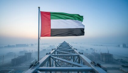 Brand new impeccably crisp flag with red, green, white, and black colors flying high above foggy cityscape with construction cranes