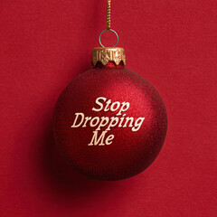 Funny Christmas Ornament With Message ‘Stop Dropping Me’. Holidays humor and playful spirit of Christmas.