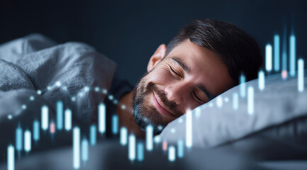 Smiling man sleeping soundly in bed, dreaming about growing investments and financial success with holographic candlestick charts and a glowing line graph overlaying the scene