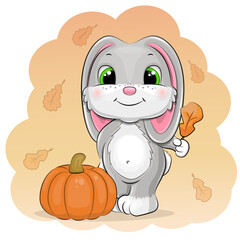 A cute cartoon Gray Rabbit with pumpkin. Vector illustration of animal with vegetable and orange background with autumn leaves.