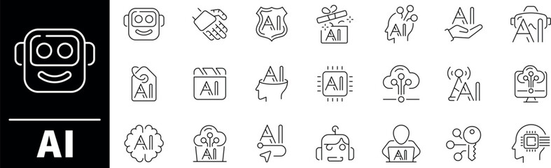 Artificial intelligence vector icons. AI icon set. Artificial intelligence thin line icons collection.  Artificial, intelligence, computing innovation related thin line icons