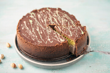 Dubai chocolate cheesecake  with  kataifi and pistachio paste. Trend dessert