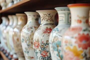 A collection of ornate vases, each adorned with intricate floral patterns and delicate porcelain, arranged meticulously on a wooden shelf.