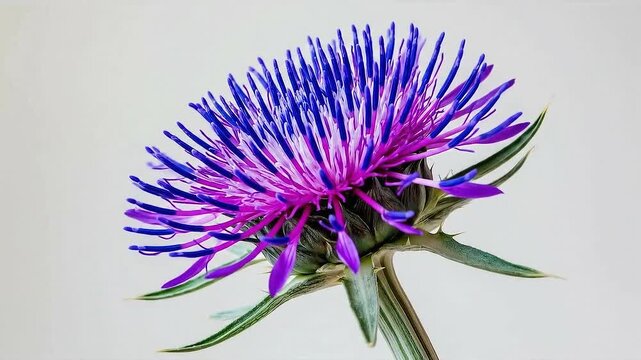 Timelapse from bud to full bloom of blue thistle on a white background