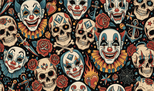 Seamless Pattern of Skulls, Clown Faces, and Tattoo Symbols Vintage Aesthetic Design