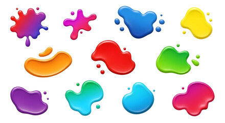 Vibrant colorful liquid paint splashes set design isolated on transparent background