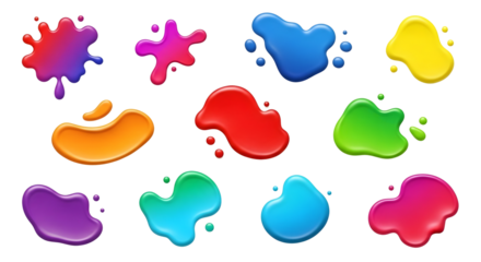 Vibrant colorful liquid paint splashes set design isolated on transparent background