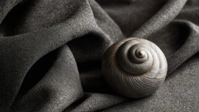 a single spiral snail shell resting on dark fabric