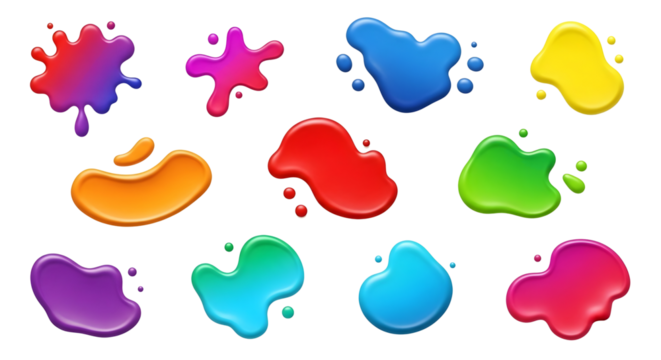 Vibrant colorful liquid paint splashes set design isolated on transparent background