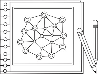 Network diagram outline illustration showing spiral notebook layout of interconnected digital nodes and concepts