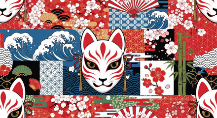 Japanese Fox Mask Pattern Seamless Texture with Traditional Elements and Wave Motifs