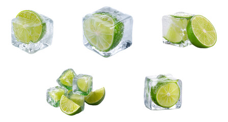 ripe lime frozen in ice cube isolated. sets of lime ice cubes