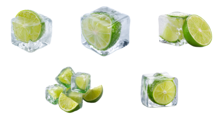 ripe lime frozen in ice cube isolated. sets of lime ice cubes