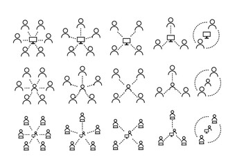 Diagram showing various network structures with people icons connected to central devices or other individuals.