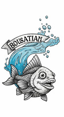 Cartoon Fish with BOUSATIAN Banner Jumping Out of Water.