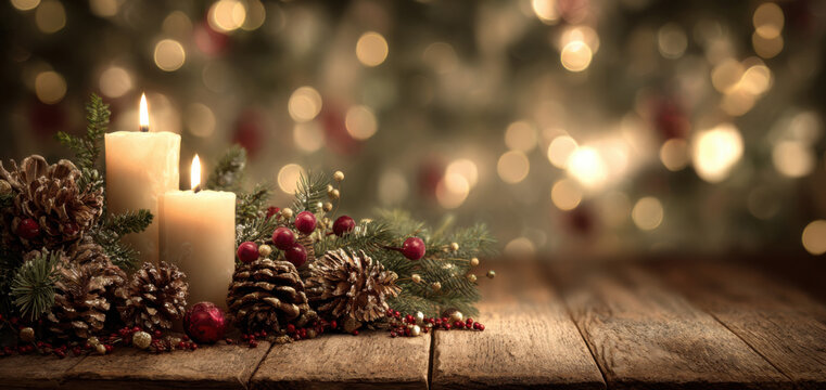 Festive arrangement featuring lit candles, pinecones, and holiday decorations on a rustic wooden table, creating a warm and inviting atmosphere for seasonal celebrations