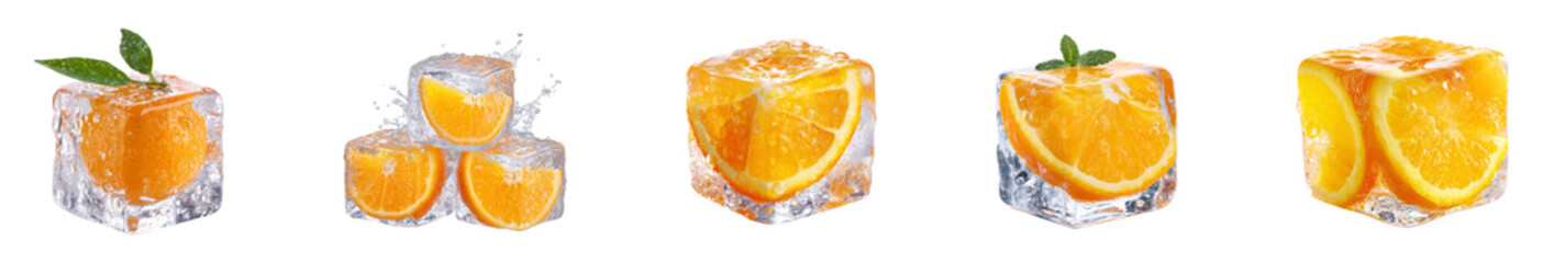 Slices of orange in ice cube isolated.
