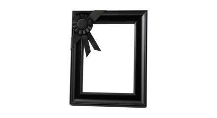 遺影額、黒いリボン（喪章）が飾られた遺影用の額縁、葬儀や訃報のイメージ、コピースペース（PNG・透過）