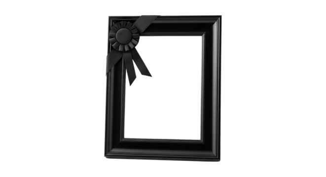 遺影額、黒いリボン（喪章）が飾られた遺影用の額縁、葬儀や訃報のイメージ、コピースペース（PNG・透過）