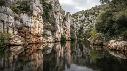 A narrow canyon with steep rocky cliffs on both sides and a calm river reflecting the cliffs.