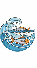 Two Fish Swimming in a Wave Illustration.