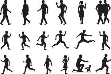 Naklejka premium Dynamic collection of black vector silhouettes illustrating various human actions including walking, running, standing, and interacting, ideal for graphic design and motion graphics projects