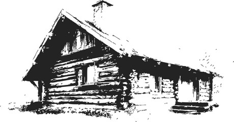 Fototapeta premium Log cabin sketch hand drawn rustic wooden house with pitched roof. Vector illustration