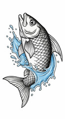 Detailed Illustration of a Leaping Fish with Water Splash Effects.