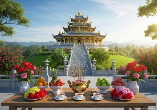 Sacred buddhist temple offering with fruits and incense - Powered by Adobe